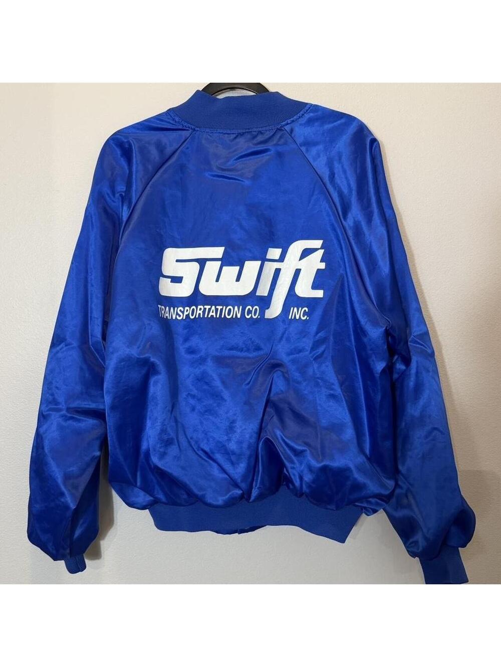 True Vintage 80s Swift Transportation Trucking Satin Bomber Jacket Size XL USA